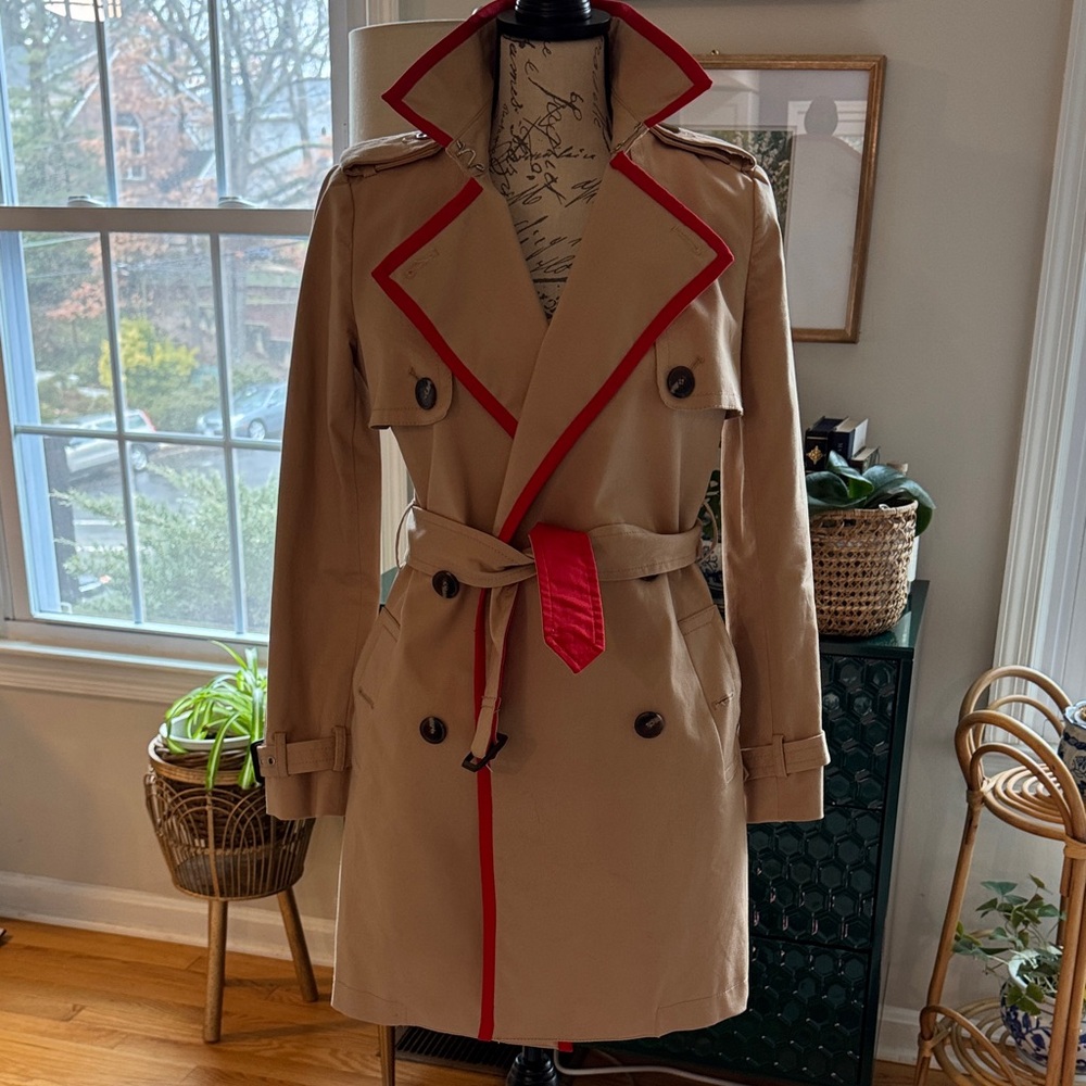 Court and Rowe Tan British Red Trench Coat with Red Accents Seersucker Lining